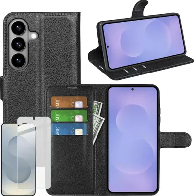 Immagine prodotto di Custodia per cellulare + vetro protettivo per Samsung Galaxy S26, custodia a libro in Pelle finta 9H