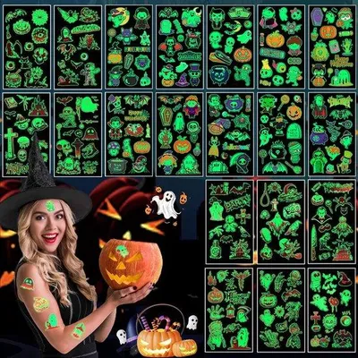 Produktbild von Glow-in-the-Dunkelheit-Halloween-Sticker-Sets für Kinder, Tattoo-Sticker mit Kürbissen, Fledermäusen und Hexen, ideal für Festdekoration und Halloween-Kostüm-Accessoires.