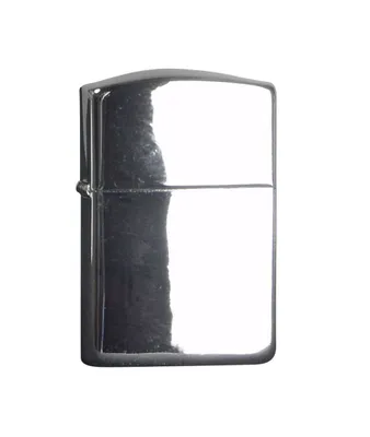 A polished chrome Zippo lighter is shown against a white background.