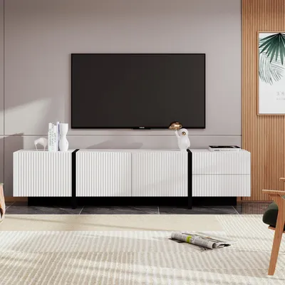 Zdjęcie produktu dla Nowoczesna szafka pod telewizor, 190 cm, 2 szuflady, 3 drzwi, lakierowana na biało, smukły i elegancki design