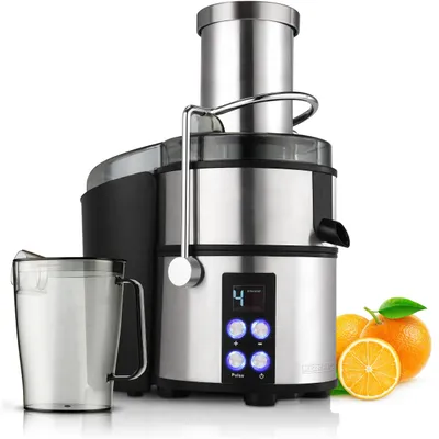 Produktbild von Heinrichs Obst- und Gemüsepresse, Edelstahl, 800W, digital, 4 Geschwindigkeiten, Entsafter, Saft de Behälter de 1,1l Antitropf-Funktion, Öffnung de Zuführung de 87mm, Behälter 2l