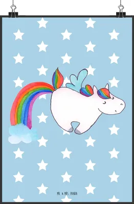 Produktbild von Mr. & Mrs. Panda Bild Einhorn Fliegendes Pferd DIN A2 - Blau Pastell - Geschenk, Plakat, Glitzer, wanddeko, Unicorn, Spielen, Regenbogen, Realität, drucke, Wandbild