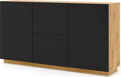 A modern sideboard with black doors and drawers and a wood-effect frame, shown against a white background.