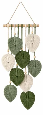 Image de Suspension murale en macramé en coton avec des perles en bois, dimensions 25 x 60 cm, idéale pour le salon