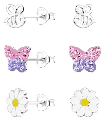 Produktbild von Ohrringe Mädchen Silber 925: Ohrsteckerset Schmetterling, Blume und Biene