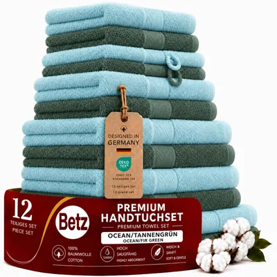 Produktbild von Betz Premium Handtuch-Set 12-teilig–100% Baumwolle–® –hohe Grammatur – Duschtücher, Handtücher, Gästetücher, WH - ocean/tannengrün, KI-generiertes Bild