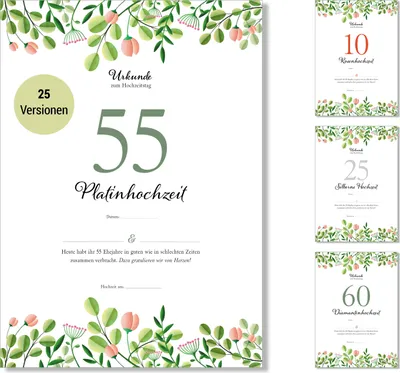 Produktbild von Frank Paperman® | 55 Hochzeitstag | Ehejubiläum | Platinhochzeit | Urkunde Hochzeitstag | floral | Vordruck im DIN-A4-Format