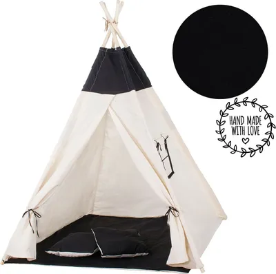 Produktbild von Tipi Zelt Kinder Spielzelt Baumwolle 2 Kissen Kinderzelt 160x120x100 cm - Schwarz