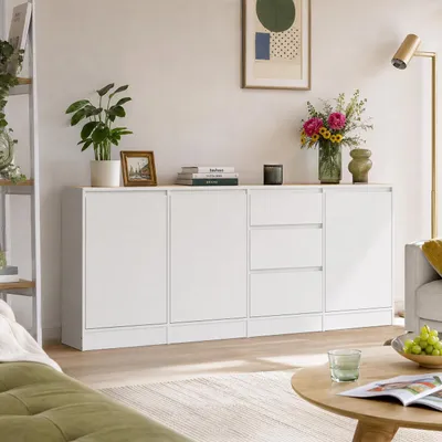 Produktbild von Sideboard mit 3-Türe und 3 Schubladen, Aufbewahrungsschrank mit Regalen, Kommode, Geschirrschrank, MDF, Weiß, 81 × 180 × 35 cm