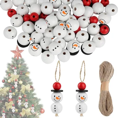 Produktbild von Holzperlen, 120 Stück - Schneemann-Perlen - Bastelset - Weihnachtsdekoration - Holzperlen, 20 mm - Hanfseil, 5 m - Bastelperlen