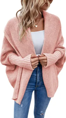 Produktbild von ASKSA Damen Cardigan Pullover Grob Gestrickt Wickel Fledermausaermel Vorne Offen Oberbekleidung, Rosa, S