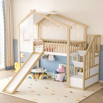 Produktbild von MODFU Hochbett 90x200 Kinderbett in Hausform mit Rolltreppe und Ablagefächer,Holzbett mit Zäunen &Geländer und Rutschendesign,ohne Matratze,Natur+ Weiß
