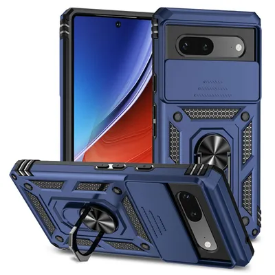 Immagine prodotto di Custodia per Google Pixel 7A a doppio strato con copertura scorrevole della fotocamera e supporto ad anello blu