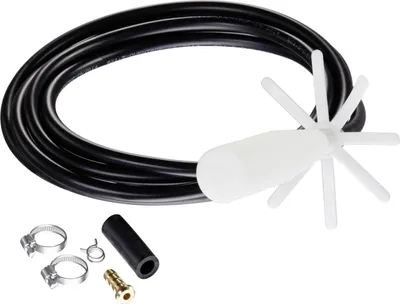 A product shot of a plumbing part with a coiled black hose and a white float mechanism, along with some small accessories.