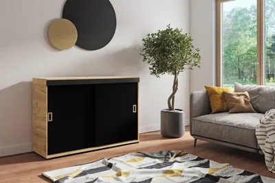 Produktbild von KIER FURNITURE Kommode mit 2 Schiebetüren RESTI , Sideboard Wohnzimmer, Wohnzimmer Möbel Eiche Gold & Schwarz 120x45x94cm