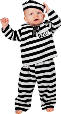 A baby wearing a prisoner costume.