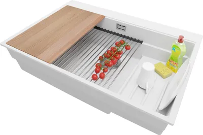 Produktbild von PRIMAGRAN Spülbecken Weiß 78x53cm, Granitspüle 1 Becken + Ablauf-Set + Küchenzubehörset, Küchenspüle ab 80er Unterschrank - Oslo Max