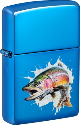Obrázek produktu pro Benzinový zapalova? Zippo Jumping Fish High Polish Blue s motivem pstruha