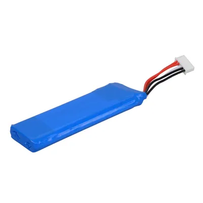A blue lithium-ion battery with a white connector and three wires (red, black, and white) attached to it, isolated on a white background.