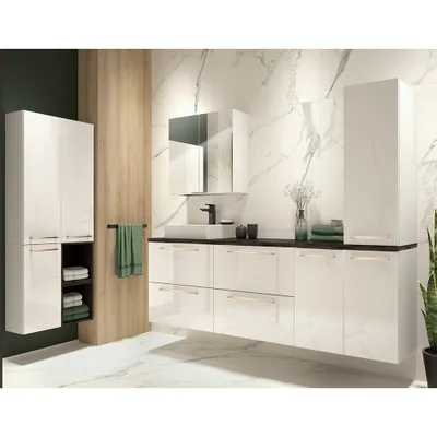 Produktbild von Badezimmer Set in weiß Hochglanz lackiert mit Beton Dunkel und Metallgriffen in kupfer MESSINA-107