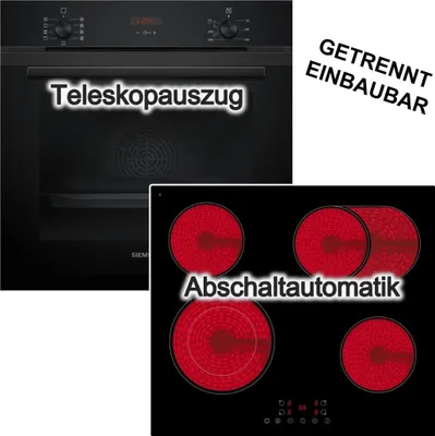Produktbild von Herdset Siemens Backofen Schwarz 3D Heißluft Teleskopauszug EcoClean+ PKM Glaskeramik Kochfeld Bräterzone Rahmenlos autark