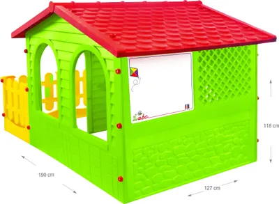 A brightly colored plastic playhouse with a fence and a whiteboard.