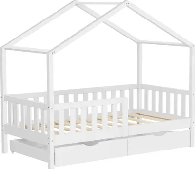 Obrázek produktu pro ML-Design dětská postel domeček postel 80x160 cm bílá se 2 zásuvkami dřevěná postel s roštovým rámem a střechou proti vypadnutí, postel na hraní z borovicového dřeva, podlahová postel