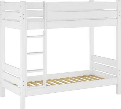 A white bunk bed with a ladder, shown against a white background.