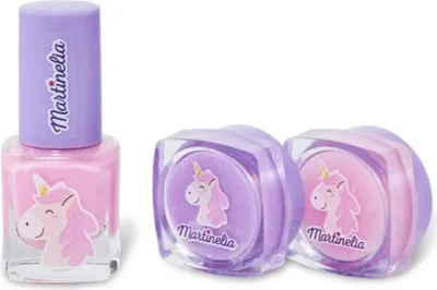 A nail polish bottle and two lip balms with unicorn designs.