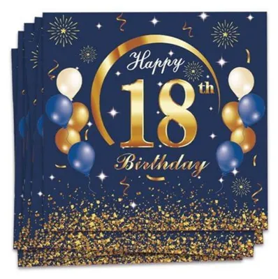 Image de Serviettes en papier pour un 18e anniversaire, bleu et or, 20 pièces, 33x33 cm, biodégradables