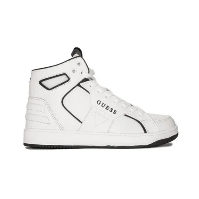 A white high-top sneaker with black accents and branding.