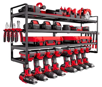 Image de Support mural de rangement pour outils VEVOR, étagère à 4 niveaux avec 8 porte-forets, porte-outils avec porte-tournevis, organiseur d'outils pour garage, établi et atelier