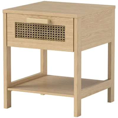 Produktbild von Nachttisch mit Rattan-Schublade Beistelltisch mit Ablage Holzbeine MDF 40 x 40 x 48,4 cm