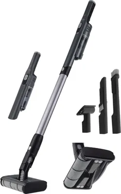 A cordless vacuum cleaner and its accessories are displayed against a white background.