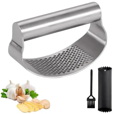 Knoblauchpresse Wippe Edelstahl, mit Schäler und Bürste, silber