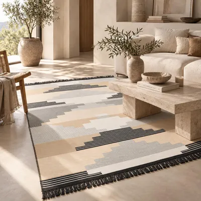 Zdjęcie produktu dla Dywan designerski, dwustronny, w stylu etnicznym, wzór kelim, kolor: szary, beżowy, rozmiar: 140x200 cm, Obraz wygenerowany przez AI