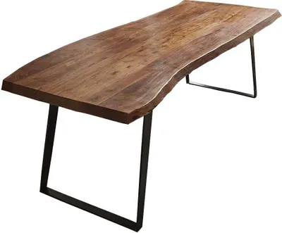 Produktbild von Esszimmertisch 260x100 cm Halmstad, Baumkantentisch nussbaumfarben, Akazienholz massiv, schräges U-Gestell aus Metall schwarz