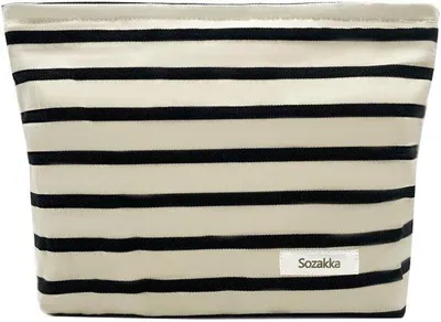 Image de Trousse de toilette noire à rayures, trousse de voyage pour femmes