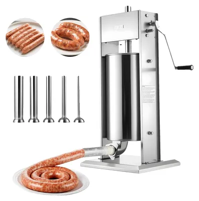 Productafbeelding van VEVOR Handmatige worstvuller 15 liter, verticale worstvullmachine met 2 snelheden (snel/langzaam) en 5 vulmonden & handvat, roestvrijstalen vleesvuller voor professioneel en particulier gebruik