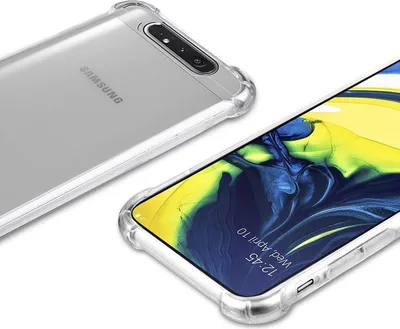 A clear protective case for a Samsung Galaxy A80 phone, shown from two angles.