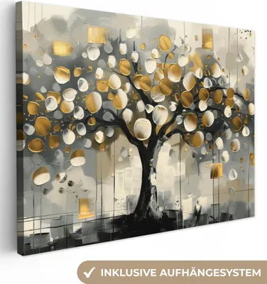 Produktbild von MuchoWow® - Leinwandbilder - Baum - Abstrakt - Beige - Gold - Schwarz, Wandbild, Wanddeko Bilder Wohnzimmer, 80x60 cm