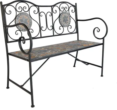 A garden bench with a black metal frame and a mosaic seat and backrest.