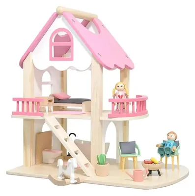 Produktbild von Puppenhaus Holz mit Puppen Set - DIY Puppenhaus Zubehör Spielzeug ab 3 Jahren