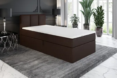 Produktbild von Boxspringbett, Jugendbett NASI 90x200 (Rechts) mit Bettkästen, Bonell-Matratze und Topper. Farbe: Dunkelbraun.