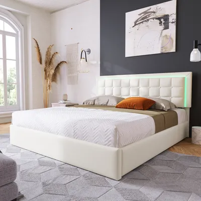 Produktbild von MODFU Boxspringbett Polsterbett Hydraulisches 160x200cm mit Bettkasten und Lattenrost, inkl. LED-Beleuchtungsleiste, Doppelbett Stauraumbett Funktionsbett aus Kunstleder, Weiß(Ohne Matratze)