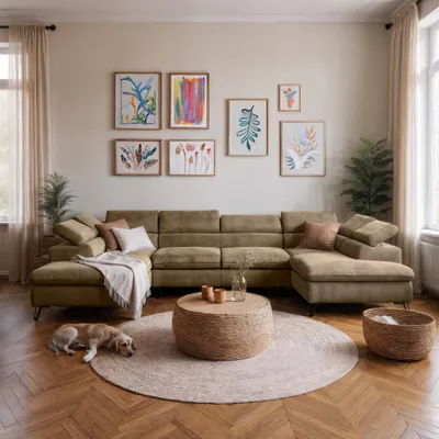 Produktbild von U-Ecksofa 345×202 Beige Schlaffunktion & 2 Bettkästen – Sofiland Reno U