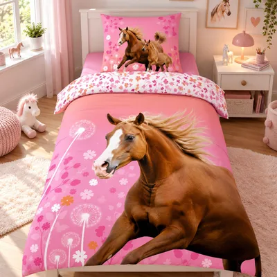 Produktbild von Pferde Bettwäsche für Mädchen 135x200 80x80 cm Rosa aus 100% Baumwolle mit Reißverschluss