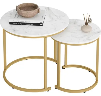 Productafbeelding van Salontafel set van 2, rond, met marmerlook, wit, met gouden metalen poten