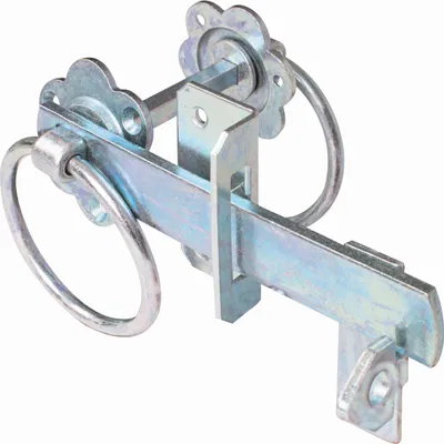 A close-up studio shot of a metal gate latch.