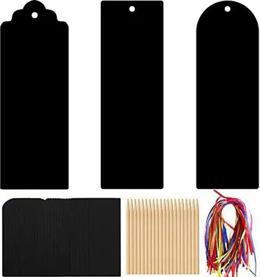 Produktbild von 48-teiliges Rubbel-Lesezeichen mit 48 Bändern, 24 Holzstiften, Aufhängelöchern, Lesezeichen, Geschenkanhänger, Partygeschenk, DIY-Regenbogen-Kratzpapier-Kunstset, Kinder- und Studentenbedarf